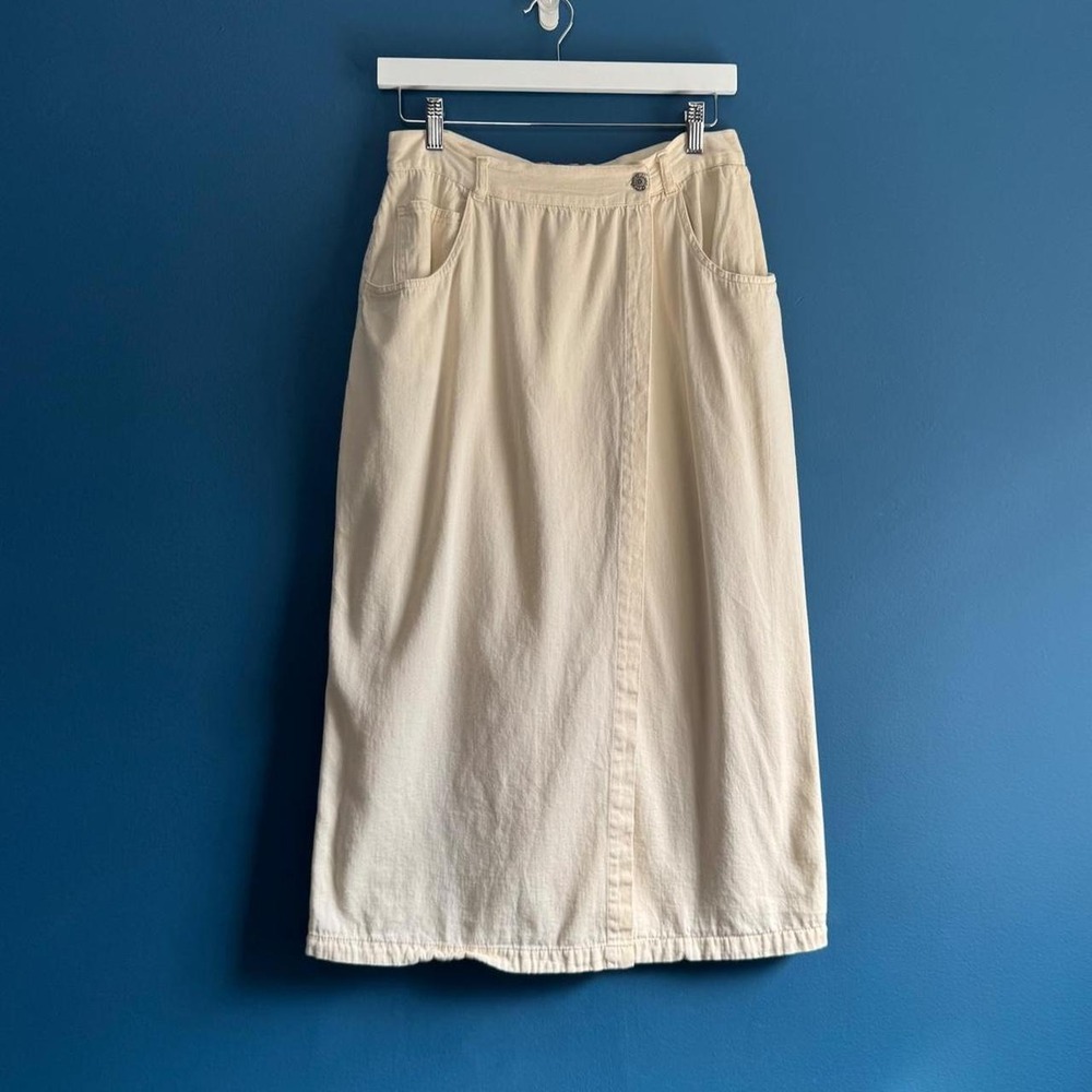 Vintage 90s Midi Skirt Women's Size 14 Cream Denim Wrap Jean Blue Retro Hipster
